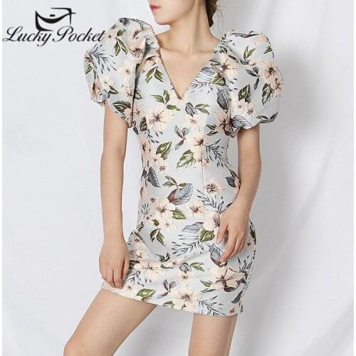 Women Summer Slim Blue V-Neck Puff Sleeve Flower Embroidery Mini Dress Female Sexy Fashion Vestidos Ladies Brand Dresses ZM67