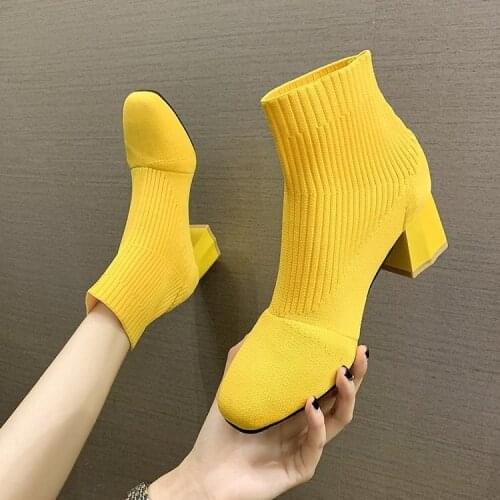 Fashion Women Black Ankle Sock Boots Classic Autumn Stretch Fabric Boots Chunky High Heels Square Toe Women Dress Shoes