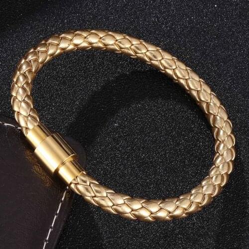 Punk Men Women Jewelry Golden Leather Rope Bracelet Gold Color Stainless Steel Magnet Buckle Fashion Wristband Gifts SP0526