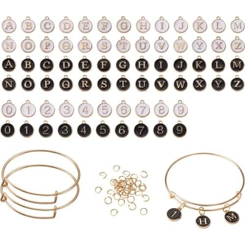 DIY Bangle Making Kits Mixed Color Flat Round with Alphabet/Number Alloy Enamel Charms Adjustable Brass Expandable Bangle Making