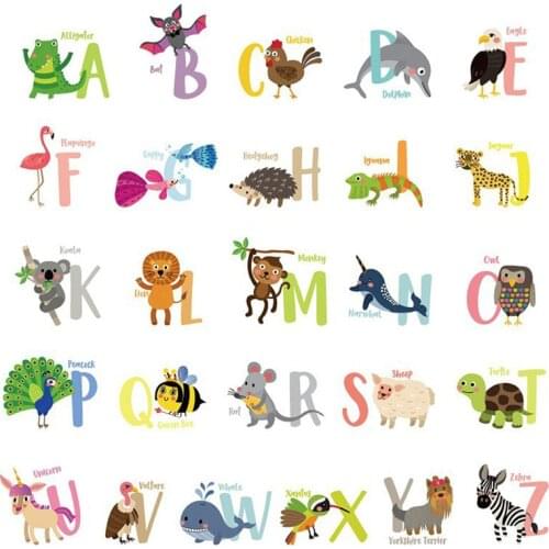 A-Z Alphabet Cartoon Animals Wall Sticker Helpful 26 English Letters Learning Wall Refrigerator Cute Decorative Wall Stickers