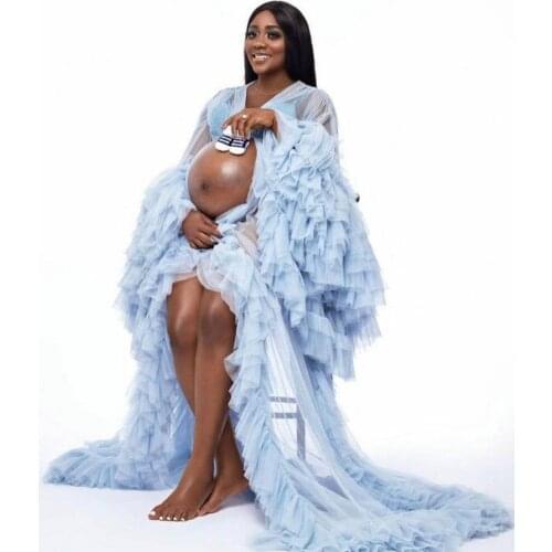 Sky Blue Ruffles Tiered Tulle Women Maternity Dresses For Photoshoot Puff Sleeves Sexy See Thru Long Women Robe Bridal Dress