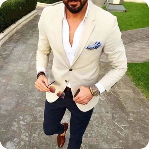 Custom Made Beige Linen Men Suits for Wedding Black Pants Classic Costume Homme Slim Fit Groom Tuxedo 2Piece Casual Prom Wear