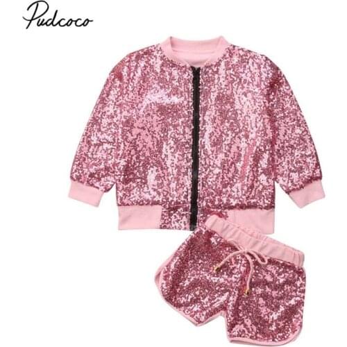 Pudcoco 2018 Sequins Toddler Kids Baby Girl Clothes 2Pcs Fashion Bling Zipper Cardigan Jacket+Shorts Set Autumn Cool Outfit 1-6T
