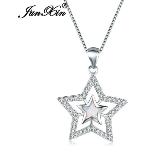 JUNXIN Dainty White Fire Opal Star Pendants Necklaces For Women Silver Color aaa Zircon Crystal Wedding Necklace