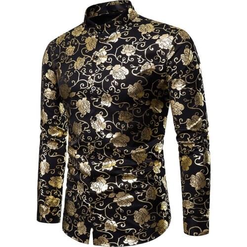 Gold Rose Flower Foil Print Shirt Men Camisa Masculina 2019 Brand New Casual Mens Shirts Business Wedding Tuxedo Shirt for Men
