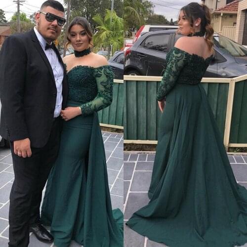 Off the Shoulder Green Lace Applique Evening Dress with Chokers Long Sleeves Robe dubai caftan longue 2019 Elegant Prom Dresses