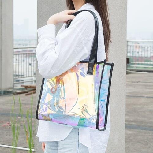 Women PU Material Laser Design Gradient Colorful Eco Handbag Tote Reusable Grocery Shopper Bags Fashion Pocket