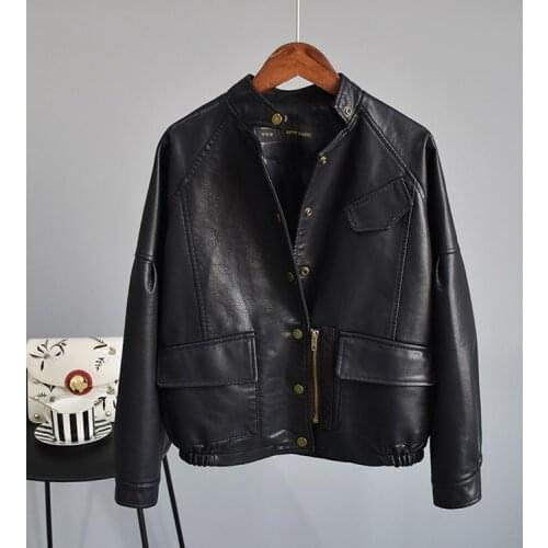 5018 Elastic Hem Fashion Simple O-neck Outerwear Womens Winter Moto&Biker Zipper PU Leather Jacket With Pockets jaqueta feminina