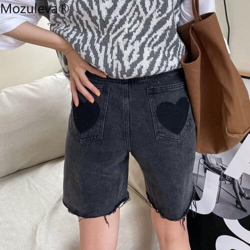Mozuleva Women Spring Summer Chic Straight Half Pants Female Stylish High Waist Heart Pockets Solid Denim Jeans Ladies Shorts