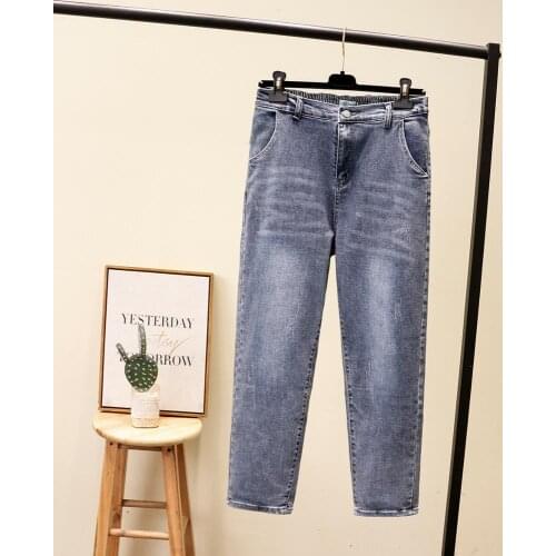 Plus size Elastic waist Scratched women Straight pants 2021 new spring autumn casual ladies jeans pants female trousers