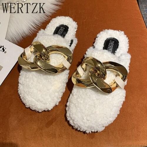 2021 Brand Design Women Slipper Fashion Gold Chain Slip On Mules Shoes Winter Warm Lambswool Slides Casual Flat Flip Flop