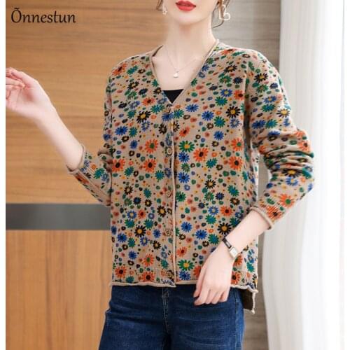 Floral Print Female Cardigan Autumn Spring Knitted Sweaters Women Korean Fashion Long Sleeve Tops V Neck Soft Cardigans Women