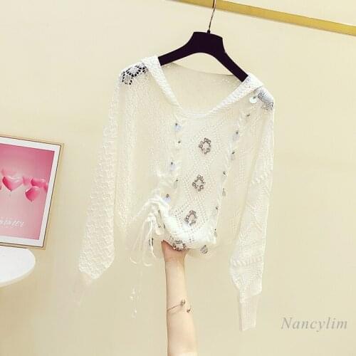 Hooded Sweater Women 2021 Autumn New Handmade Sequined V-neck Long Sleeve Pleating Pullover Hollow Knitwear Coat Female Pull