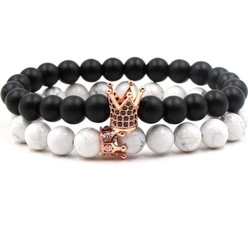 2pcs 8mm Couple Bracelet Charms Stone Copper Zircon Crown Howlite Healing Elastic Bracelet Jewelry Gift For Lovers