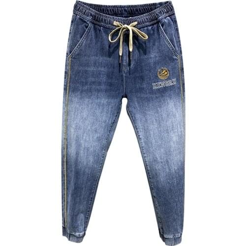 Jogger Pants Men Jeans Faded Blue Elastic Waist Drawstring Ankle Length Pants Casual Mens Denim Trousers Fashion Jeans Masculino