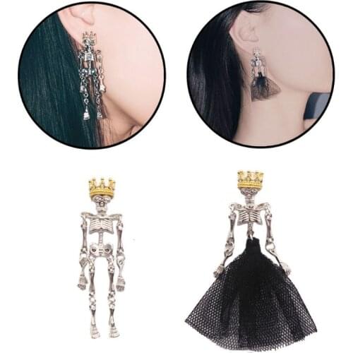 Gothic Punk Wedding Couple Skull Earrings Black Dress Crown King Queen Asymmetric Skull Drop Earrings Skull Jewelry