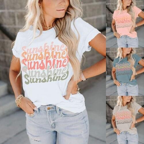 INITIALDREAM 2021 Sunshine Letter Print t shirt For Women Casual O-Neck Cotton Tops Tee Summer Loose Plus Size Woman Tshirts