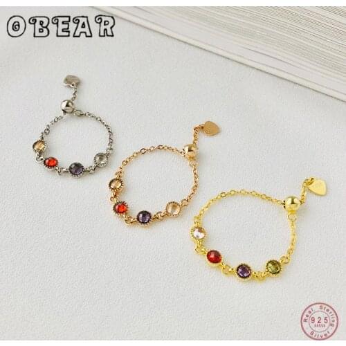 OBEAR 100% 925 Sterling Silver Adjustable Chain Ring Vintage Colorful Zircon Ring for Women Fashion Jewelry Gifts