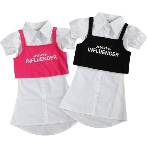 Citgeett Summer Baby Girls Casual Two-piece Clothes Set White Solid Color Short Sleeve Dress + Letters Printed Pattern Tops Set