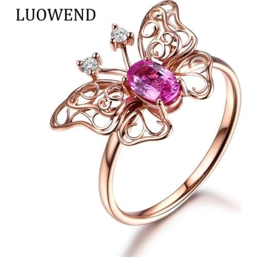 LUOWEND18K Rose Gold (AU750) Women Wedding Diamond Ring Fashion Natural Pink Sapphire Butterfly Shape Engagement Gemstone Ring