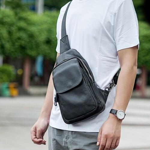 Men Casual Chest Bag Genuine Cow Leather Fashion Crossbody Black Trend Breast Messenger 7.9 Inch High Quality sling bag