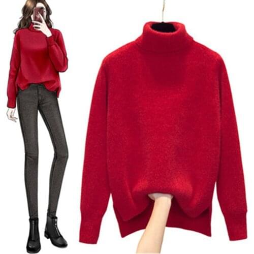 Turtleneck Mink Wool knit Sweater Women 2020 New Autumn winter Sweaters Solid Loose Lazy Blouse Thicke warm Bottoming Top Female