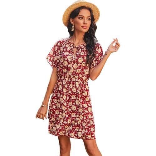 2021 summer new dresses American womens loose mid-length high waist short sleeve floral Printed Dress Knee-Length LYQ193