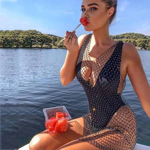 Fashion Diamonds Mesh Sexy Beach Dress Women Hollow Out Crystal Diamond Sleeveless Bodycon Party Dress Elestic Nightclub Outwear