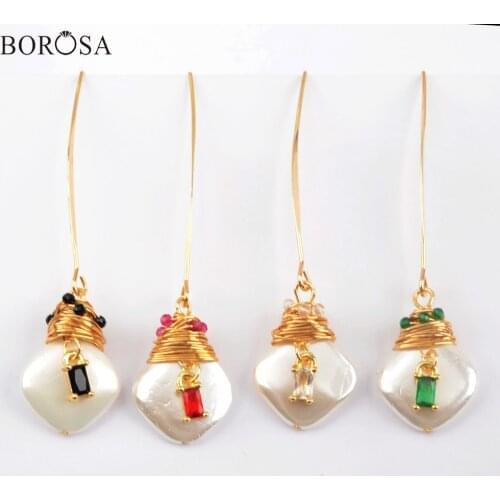 BOROSA 5Pairs Natural Pearl Earrings Handmade Wire Wrap Gold Baroque Pearl Dangle Earring Multi Zircon Earrings Jewelry WX1273-E