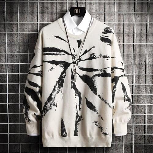 GlacialWhale Mens Knitted Sweater Men 2021 Winter Printed Sweaters Pullover Jumper Harajuku Korean Oversized White Sweater Men