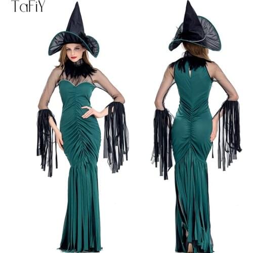 TaFiY 2017 Sexy Adult Halloween Witch Costume For Women Sexy Fashion Long Dress With Black Witch Hat Fancy Dress Costumes