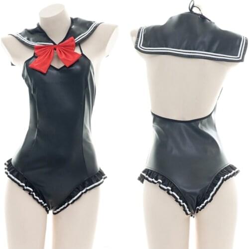 Gothic School Girl Cosplay Swimwear Leather Bodysuit Backless Catsuit Bowknot Sailor Collar Sleeveless Jumpsuit Drop Ship