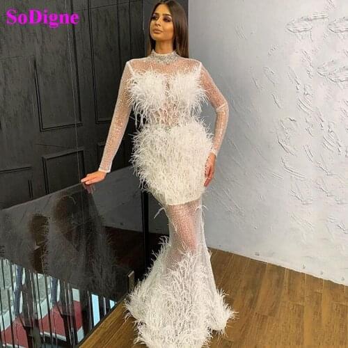 SoDigne High Collar Feather Mermaid Evening Dress Lace Beads Hollow Back Floor Length Elegant Special Occasion Dress