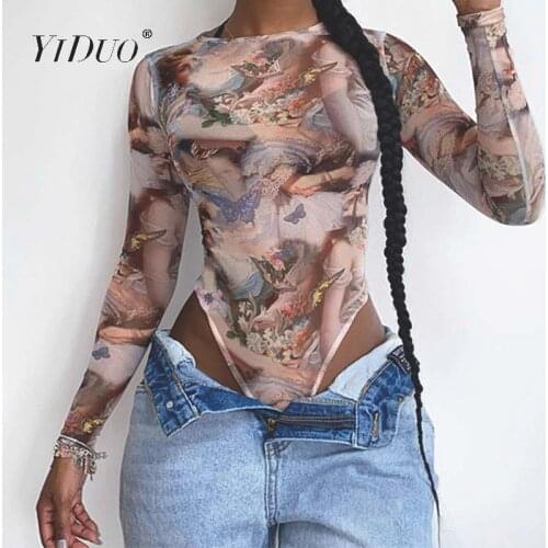 YiDuo 2020 Long Sleeve Vintage Printed Bodysuit Autumn O-Neck Women Streetwear Outfits Body Rompers Female Club Bodysuits