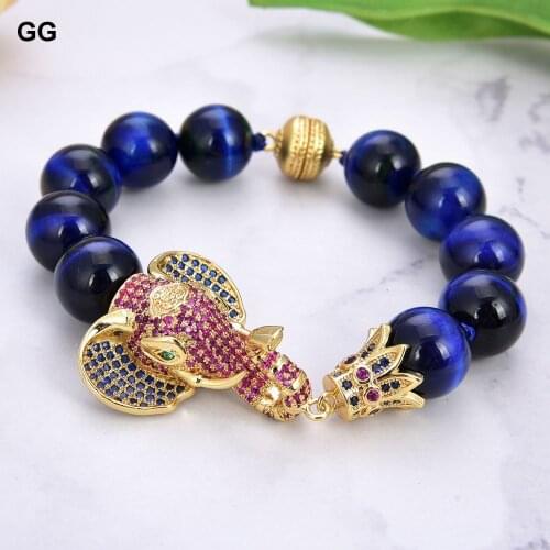 GuaiGuai Jewelry Natural Stone 8'' 14mm Blue Tiger Eye Bracelet CZ Pave Elephant Connector Lady Women Jewelry