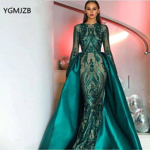 Green Sparkly Sequin Evening Dresses Long 2020 Mermaid Full Sleeves Detachable Train Saudi Arabic Women Formal Party Prom Gown