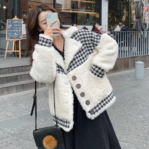 Wenfly Womens Jacket Coat Winter Single Breasted Plaid Patchwork Korean Loose Fur Wool Casual Streetwear Thick Warm Outerwear
