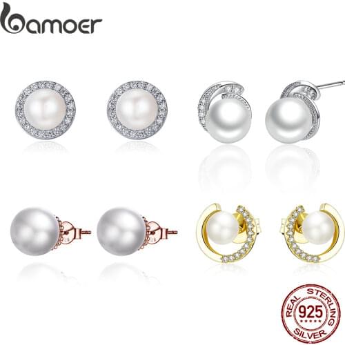 BAMOER Dazzling Zircon 925 Sterling Silver Quality Shell Pearl Stud Earrings for Women Fine Jewelry Wedding Anniversary Gift