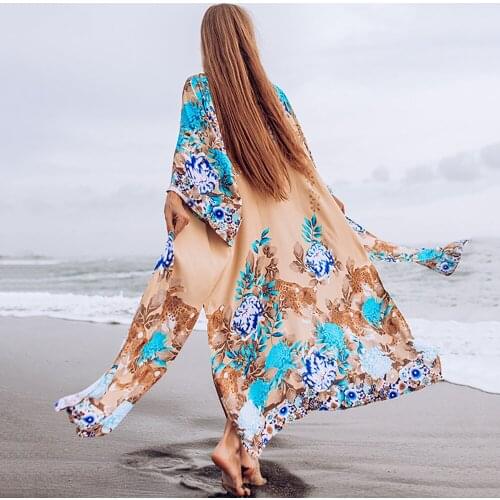 Boho Summer Beachwear Cardigan Robe Retro Kimono Tunic Cover Up Women Swimsuit Body Wrap Pareo Beach Bikini Bathrobe