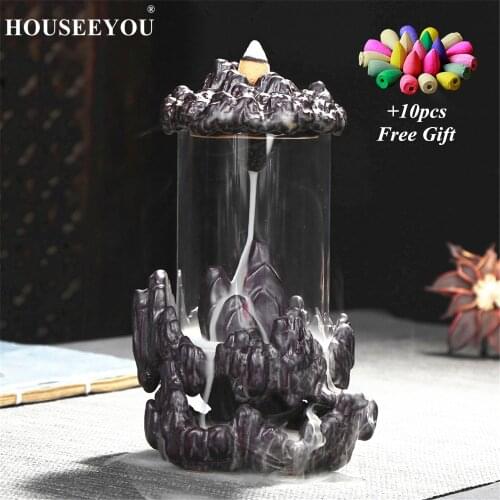 10Pcs Incense Cones + New Buddha Backflow Incense Burner with Glass Cover Indoor Aroma Censer Windproof Zen Meditation Yoga Use
