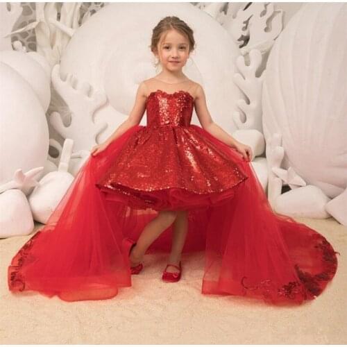 Pukguro Sparkle Sequins Red Flower Girls Dresses Tulle Appliques Detachable Train Kids Party Princess Pageant платье 2021