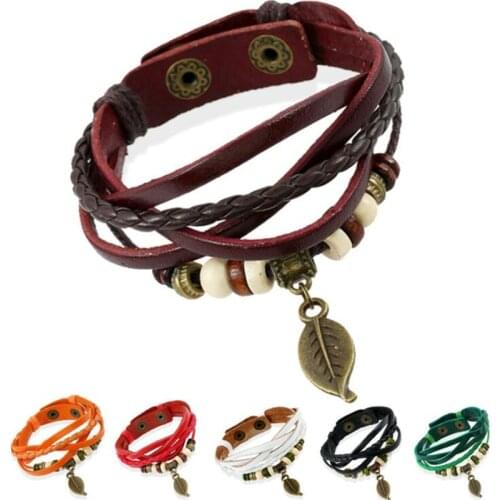 Bohemia Multilayer Leather Bracelet Metal Leaf Charms Beads Bracelets for Men Vintage Punk Wrap Wristband