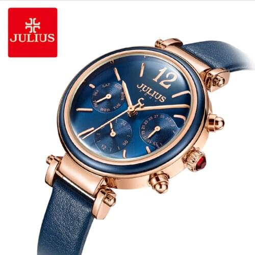 Julius Woman Three Eye Multifunctional Leather Wristwatches Classic Blue Waterproof Quartz Dress Watch Week 24 Hours Clock Reloj
