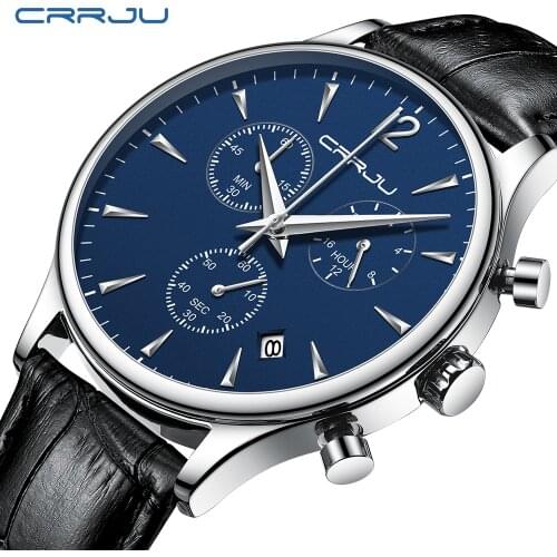 2019 CRRJU New Fashion Mens Watches Top Brand Luxury Military Quartz Watch Leather Waterproof Sport Chronograph Watch Men 2272