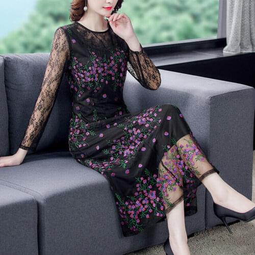 Elegant Dress 2021 Fashion Spring Autumn Women Clothes Noble Lady Slim Floral Dress Lace Patchwork Long Sleeve Vestidos Y1270