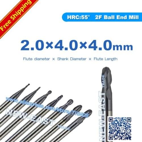 5pcs HRC55 R1.0*4*4*100 Lengthen ball mill 2 Flutes Carbide Coating TiAIN Ball nose end mill CNC router bits