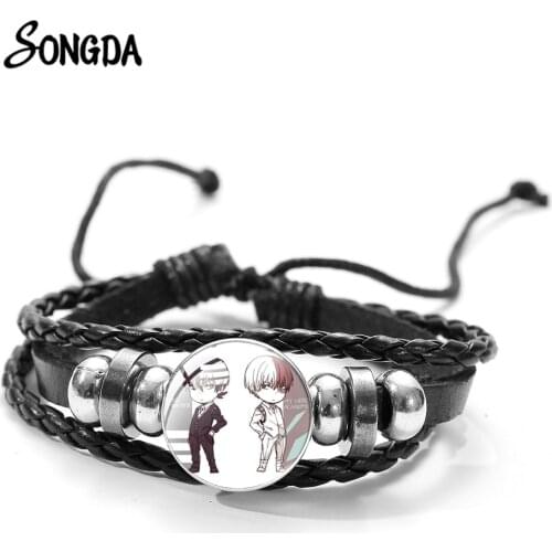 Soul Eater Anime Manga Leather Bracelet Q Version Figures Cartoon Print Glass Time Gem Snap Button Bracelet Gift Fashion Jewelry