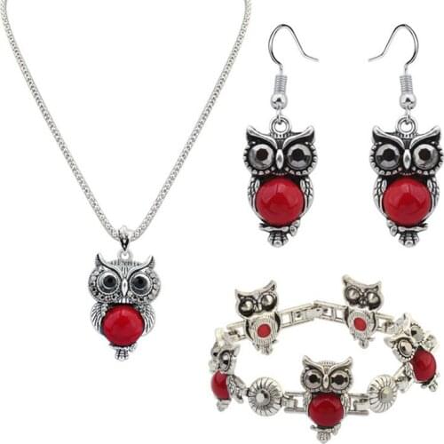 Hot Selling Vintage European Imitation Stone Owl Style Necklace Earring Bracelet Jewelry Set 3 Colors Abailable