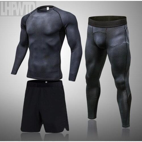 Mens Bodybuilding Clothing Tight Long Sleeves Shirts Leggings Sport Suit Compression Shirt Pants Set Workout Fitness Sportswear